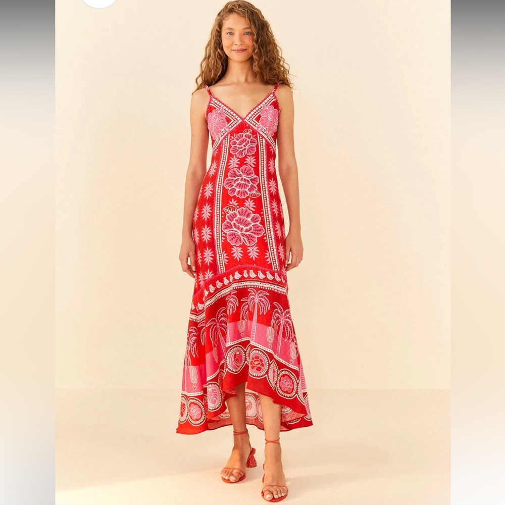 FARM Rio red summer sunrise flowy crochet maxi red dress size XS